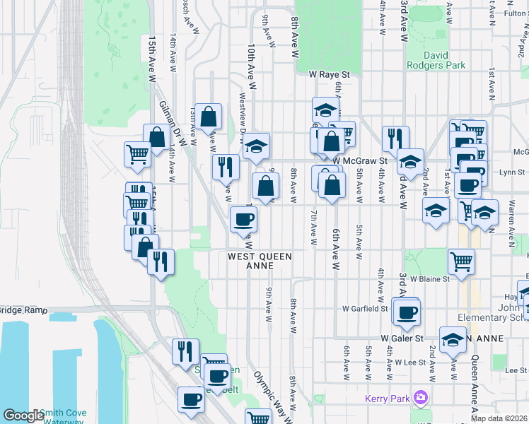 map of restaurants, bars, coffee shops, grocery stores, and more near 1934 10th Avenue West in Seattle