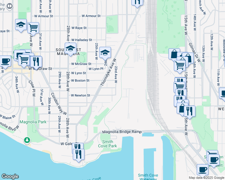 map of restaurants, bars, coffee shops, grocery stores, and more near 2303 West Newton Street in Seattle