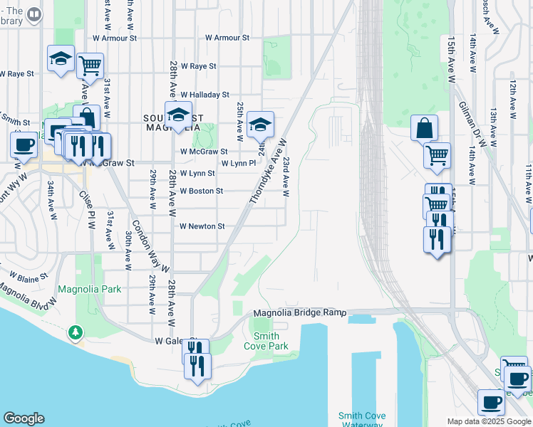 map of restaurants, bars, coffee shops, grocery stores, and more near 2338 West Newton Street in Seattle