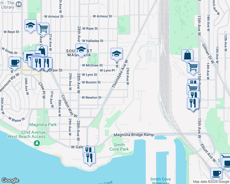 map of restaurants, bars, coffee shops, grocery stores, and more near 2338 West Newton Street in Seattle