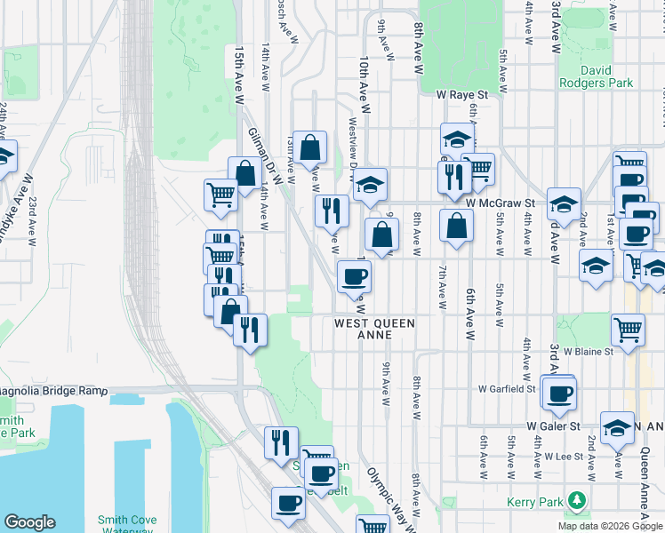 map of restaurants, bars, coffee shops, grocery stores, and more near 1953 11th Avenue West in Seattle