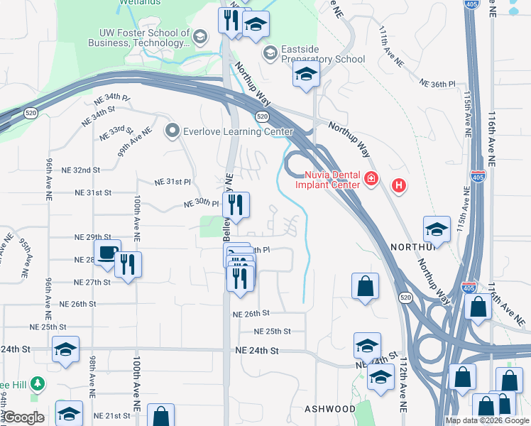 map of restaurants, bars, coffee shops, grocery stores, and more near 10690 Northeast 29th Street in Bellevue