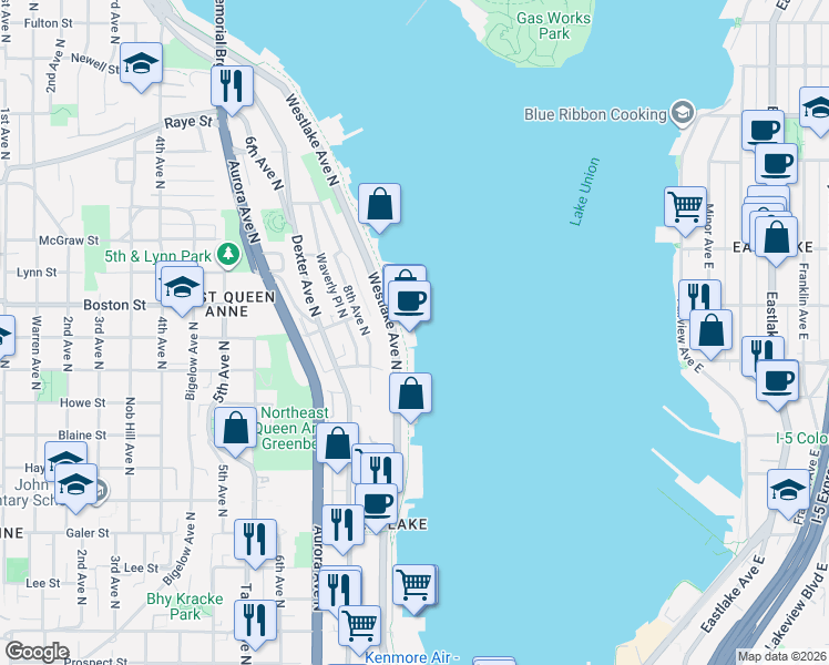 map of restaurants, bars, coffee shops, grocery stores, and more near 2040 Westlake Avenue North in Seattle
