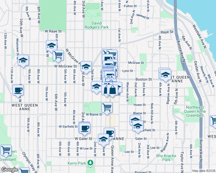 map of restaurants, bars, coffee shops, grocery stores, and more near 2109 Queen Anne Avenue North in Seattle