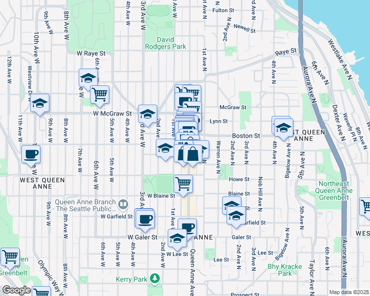 map of restaurants, bars, coffee shops, grocery stores, and more near 2109 Queen Anne Avenue North in Seattle