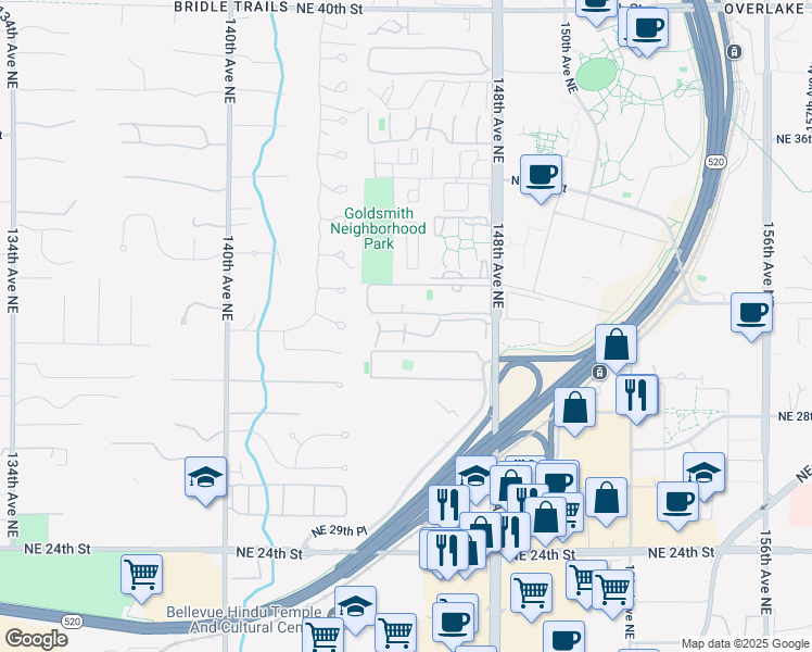 map of restaurants, bars, coffee shops, grocery stores, and more near 14408 Northeast 30th Place in Bellevue