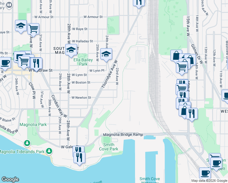 map of restaurants, bars, coffee shops, grocery stores, and more near 2303 West Newton Street in Seattle