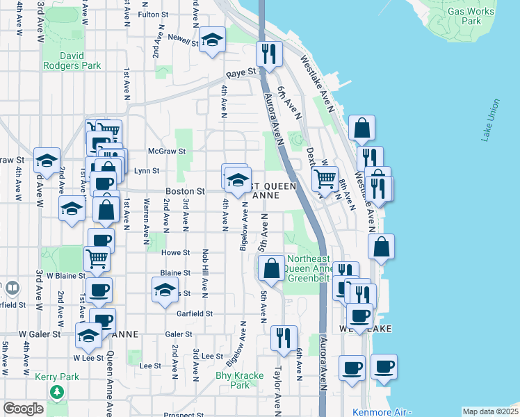 map of restaurants, bars, coffee shops, grocery stores, and more near 2103 5th Avenue North in Seattle