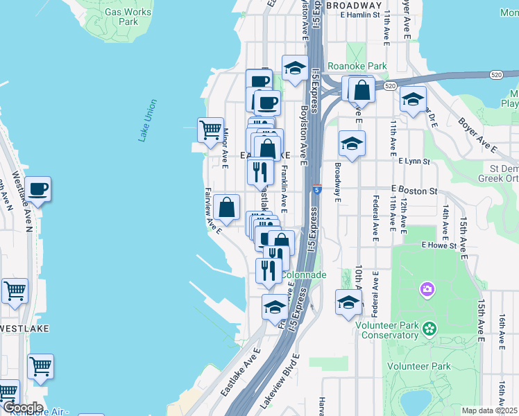 map of restaurants, bars, coffee shops, grocery stores, and more near 104 East Newton Street in Seattle
