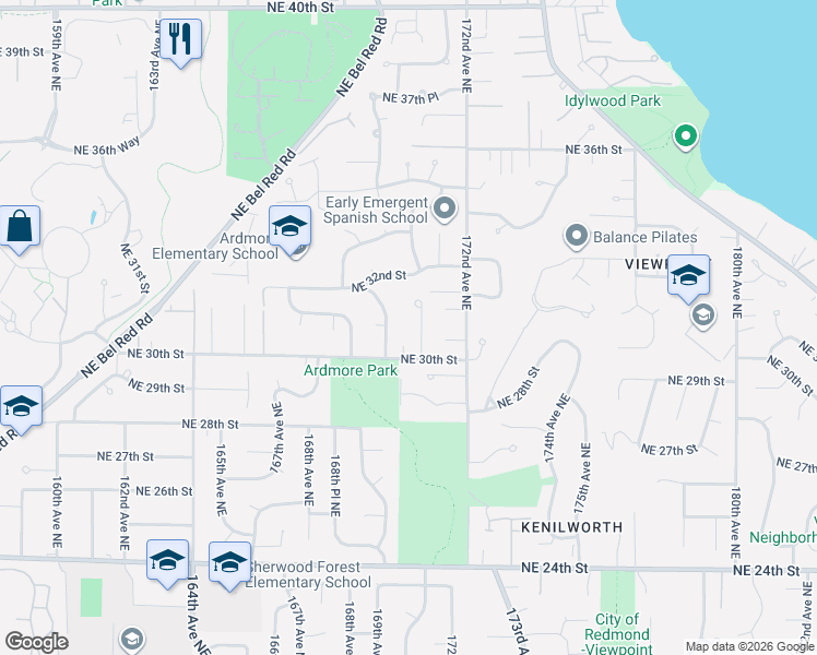 map of restaurants, bars, coffee shops, grocery stores, and more near 16904 Northeast 30th Street in Bellevue