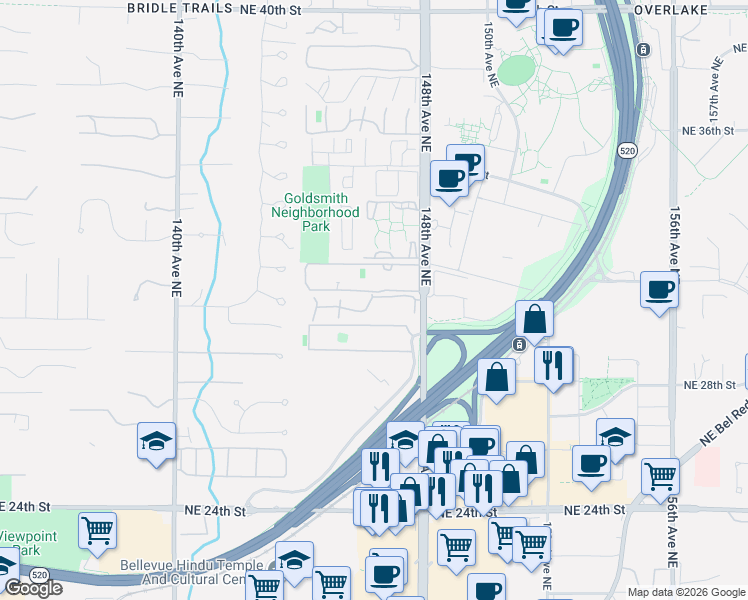 map of restaurants, bars, coffee shops, grocery stores, and more near 14641 Northeast 31st Street in Bellevue