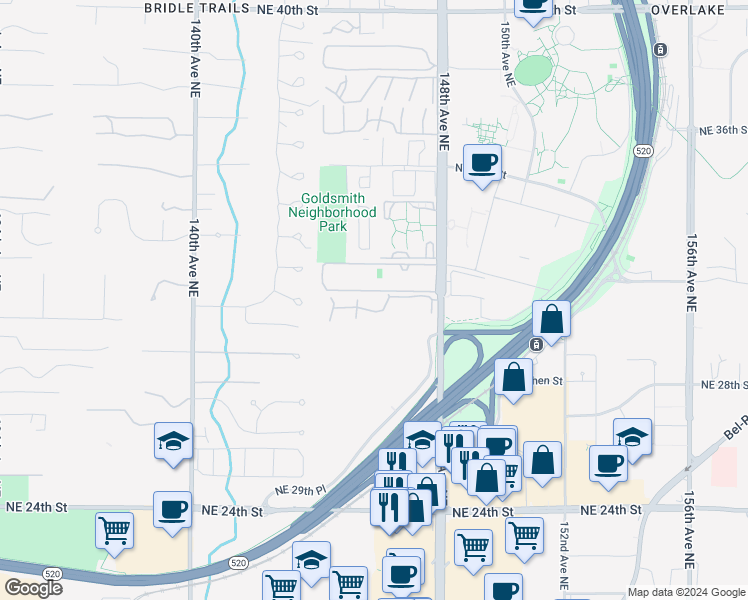 map of restaurants, bars, coffee shops, grocery stores, and more near 14525 Northeast 30th Place in Bellevue