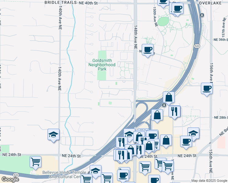 map of restaurants, bars, coffee shops, grocery stores, and more near 14525 Northeast 30th Place in Bellevue
