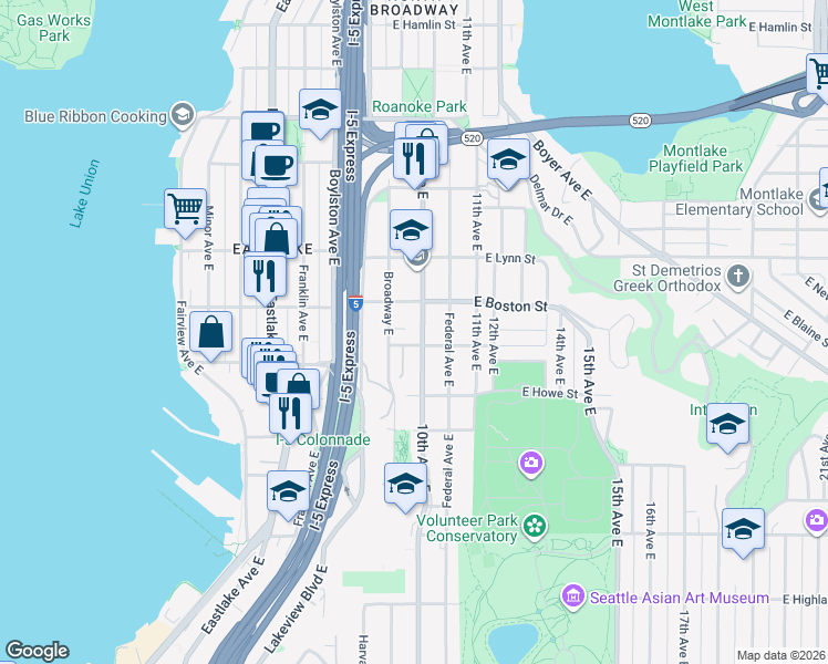 map of restaurants, bars, coffee shops, grocery stores, and more near 1935 10th Avenue East in Seattle