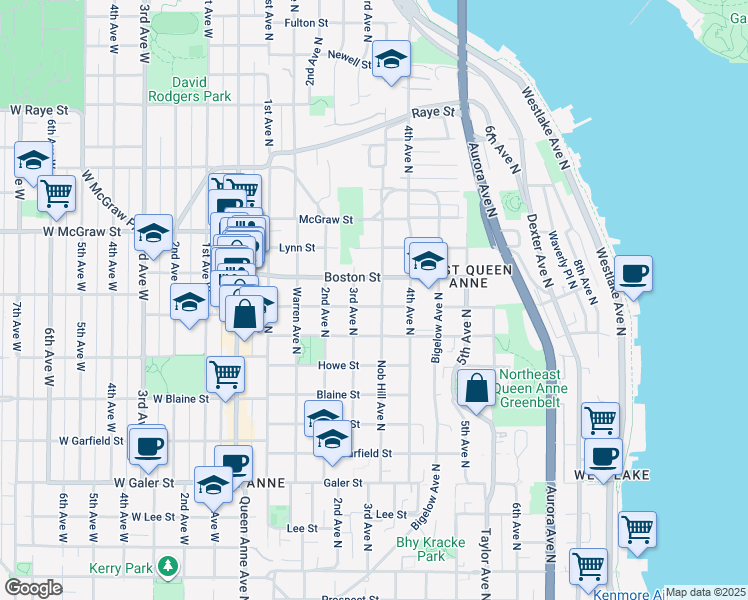 map of restaurants, bars, coffee shops, grocery stores, and more near 2014 Nob Hill Avenue North in Seattle