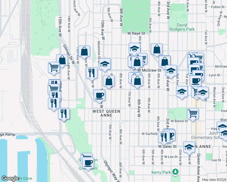 map of restaurants, bars, coffee shops, grocery stores, and more near 1936 9th Avenue West in Seattle