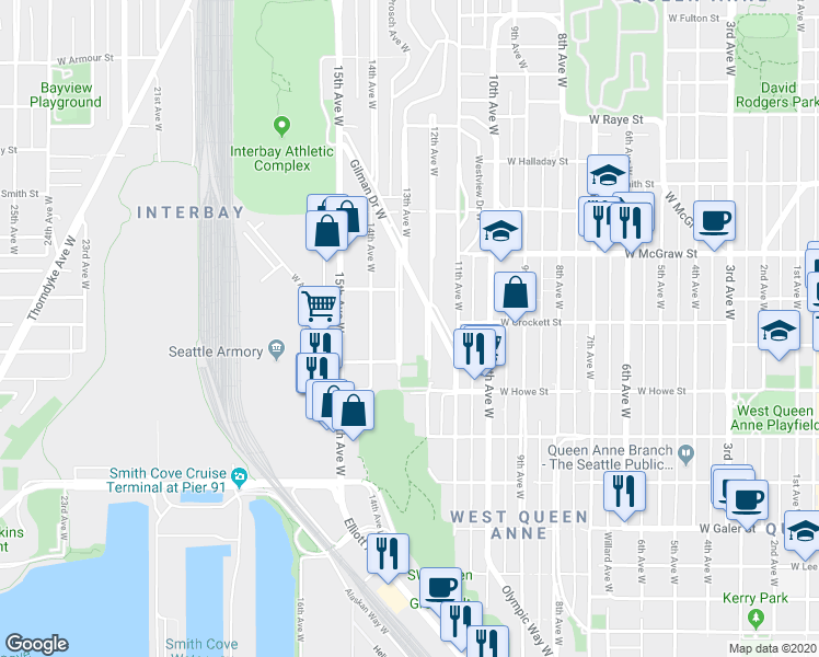 map of restaurants, bars, coffee shops, grocery stores, and more near 1933 12th Avenue West in Seattle