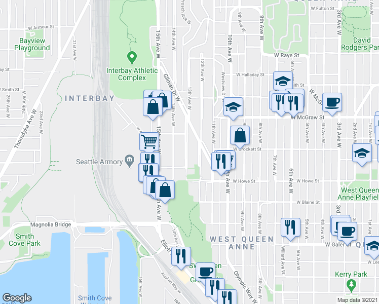map of restaurants, bars, coffee shops, grocery stores, and more near 1933 12th Avenue West in Seattle