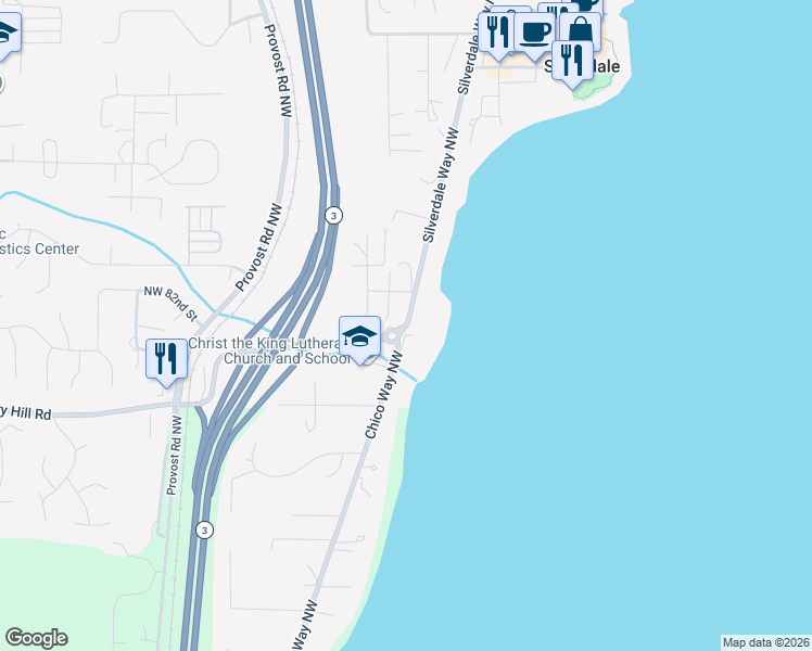 map of restaurants, bars, coffee shops, grocery stores, and more near 5451 Silverdale Way Northwest in Silverdale