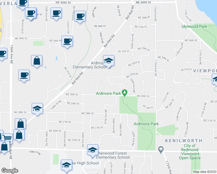 map of restaurants, bars, coffee shops, grocery stores, and more near 3027 167th Avenue Northeast in Bellevue