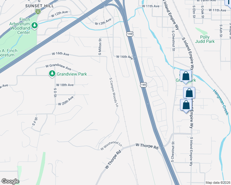 map of restaurants, bars, coffee shops, grocery stores, and more near 1920 South Canyon Woods Lane in Spokane