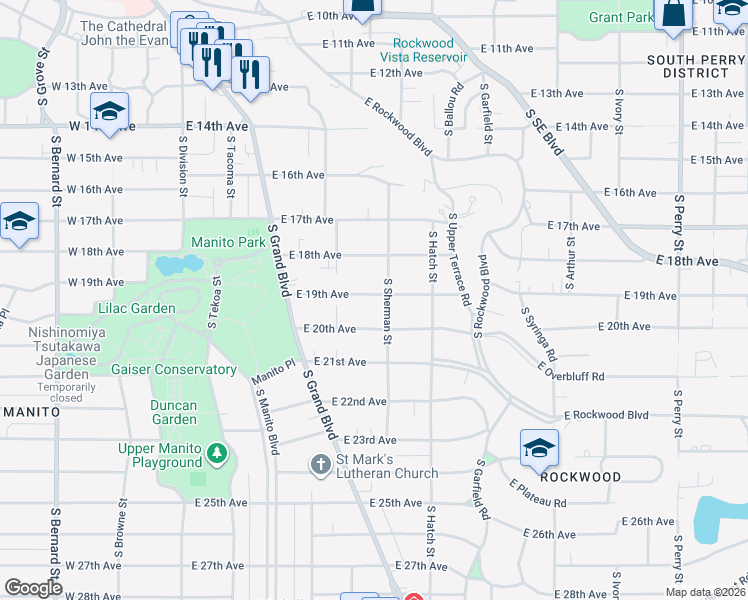 map of restaurants, bars, coffee shops, grocery stores, and more near 503 East 20th Avenue in Spokane