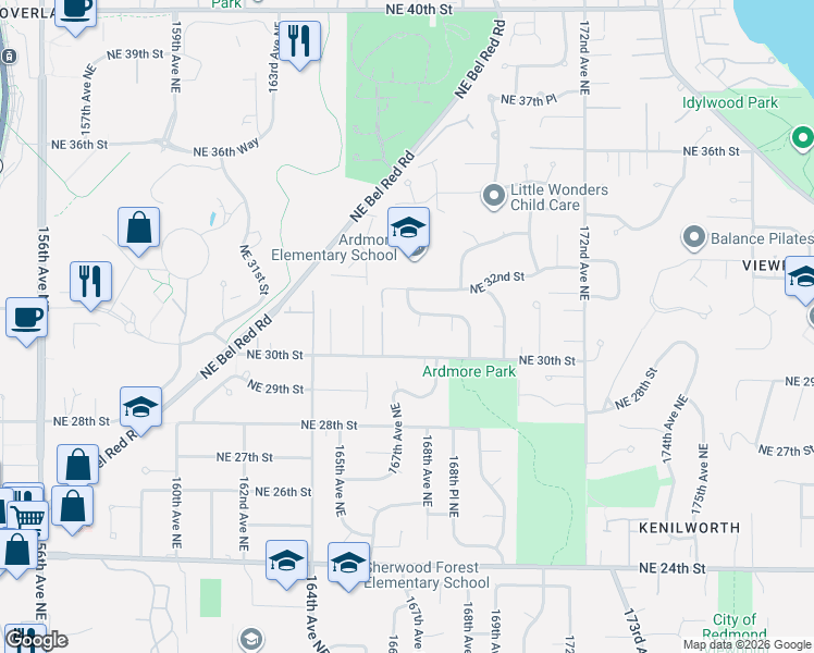 map of restaurants, bars, coffee shops, grocery stores, and more near 3027 167th Avenue Northeast in Bellevue