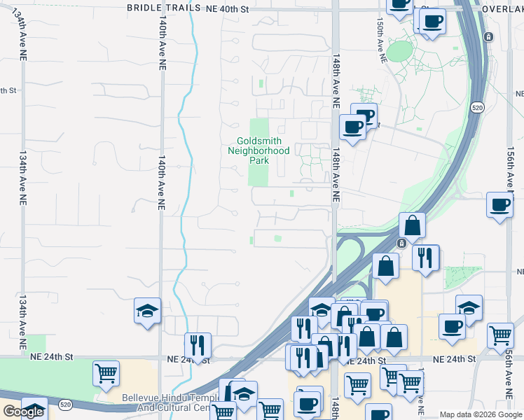 map of restaurants, bars, coffee shops, grocery stores, and more near 14424 Northeast 30th Place in Bellevue