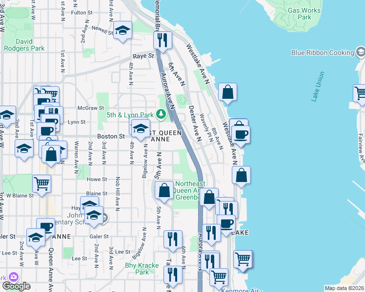 map of restaurants, bars, coffee shops, grocery stores, and more near 1941 Aurora Avenue North in Seattle