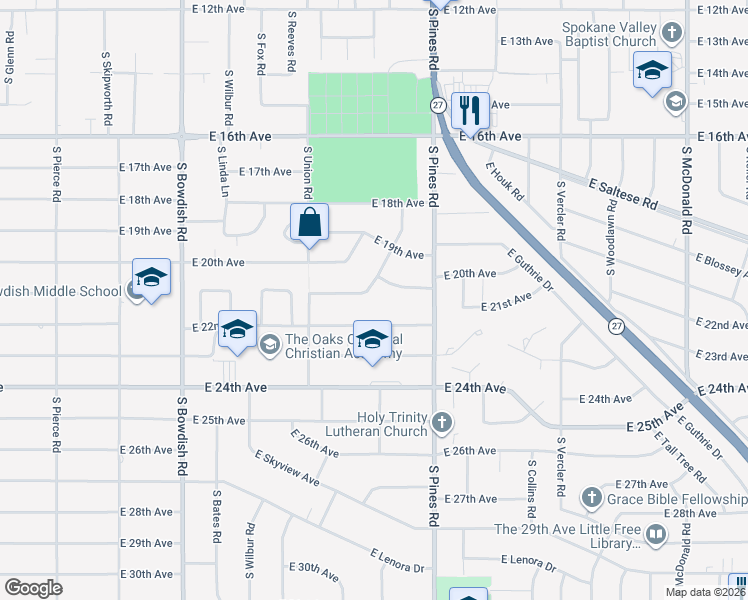 map of restaurants, bars, coffee shops, grocery stores, and more near 12017 East 22nd Avenue in Spokane Valley
