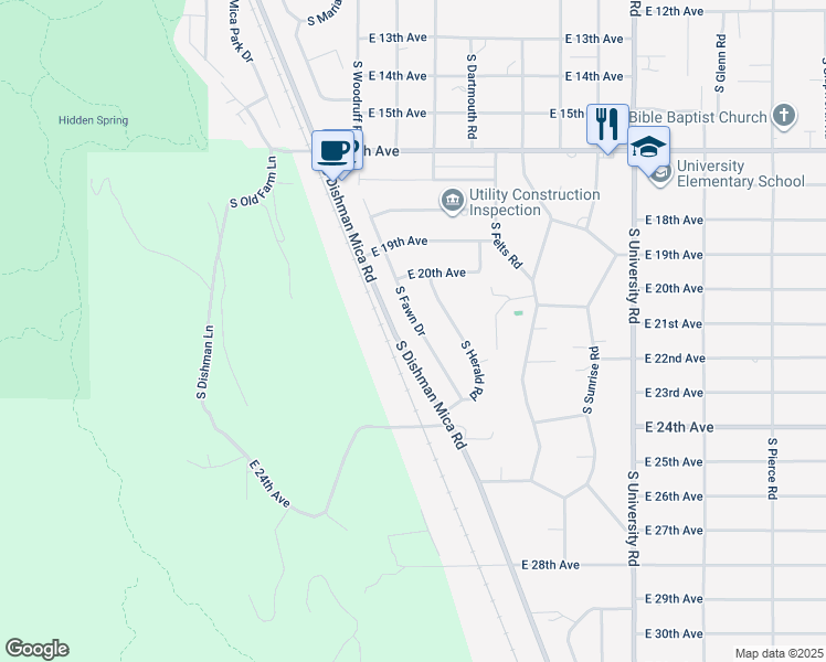 map of restaurants, bars, coffee shops, grocery stores, and more near 2118 South Fawn Drive in Spokane Valley