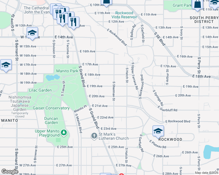 map of restaurants, bars, coffee shops, grocery stores, and more near 503 East 20th Avenue in Spokane