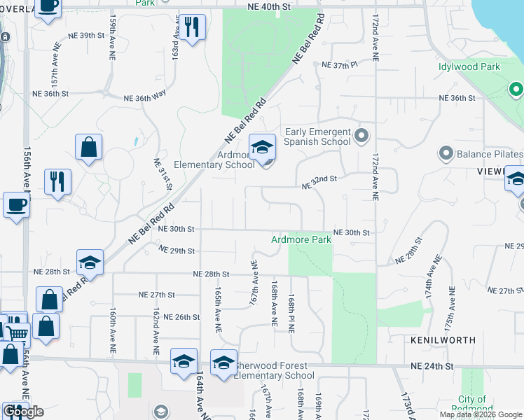 map of restaurants, bars, coffee shops, grocery stores, and more near 16626 Northeast 30th Street in Bellevue