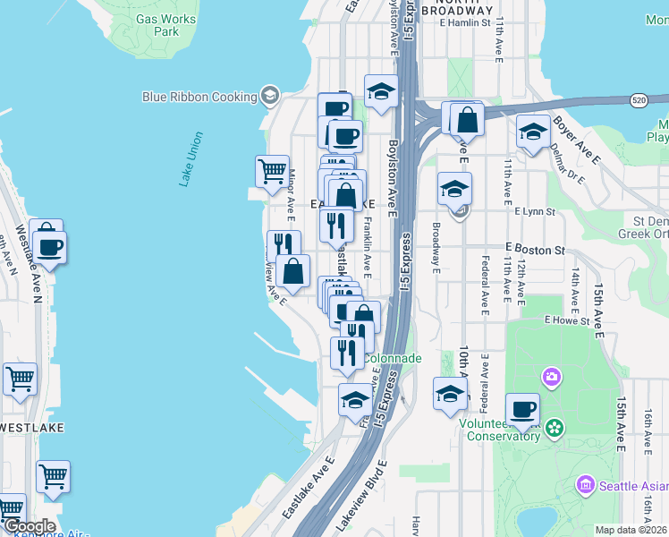 map of restaurants, bars, coffee shops, grocery stores, and more near 104 East Newton Street in Seattle