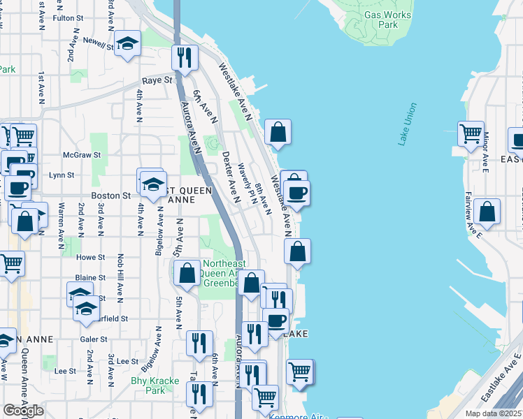 map of restaurants, bars, coffee shops, grocery stores, and more near 2008 8th Avenue North in Seattle