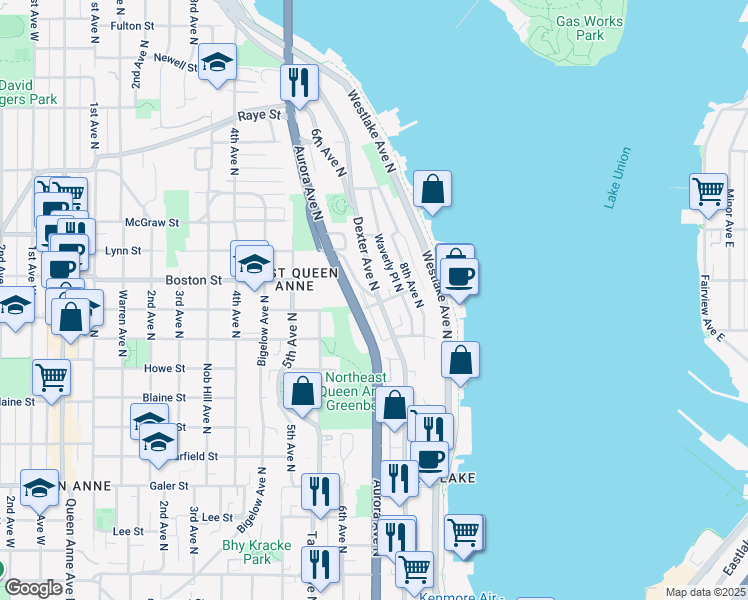 map of restaurants, bars, coffee shops, grocery stores, and more near 2007a Dexter Avenue North in Seattle