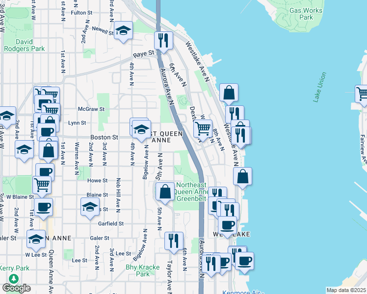 map of restaurants, bars, coffee shops, grocery stores, and more near 1941 Aurora Avenue North in Seattle