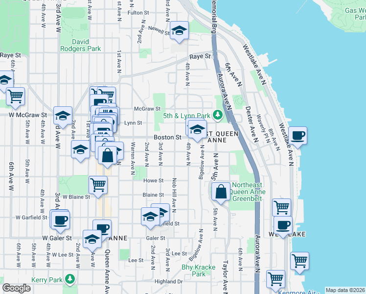 map of restaurants, bars, coffee shops, grocery stores, and more near 2014 Nob Hill Avenue North in Seattle