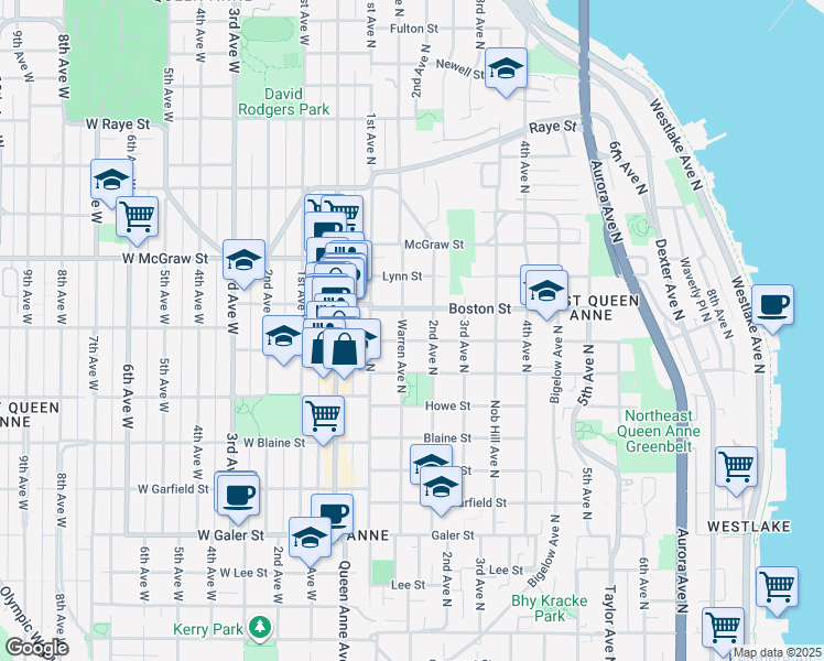 map of restaurants, bars, coffee shops, grocery stores, and more near 2009 2nd Avenue North in Seattle