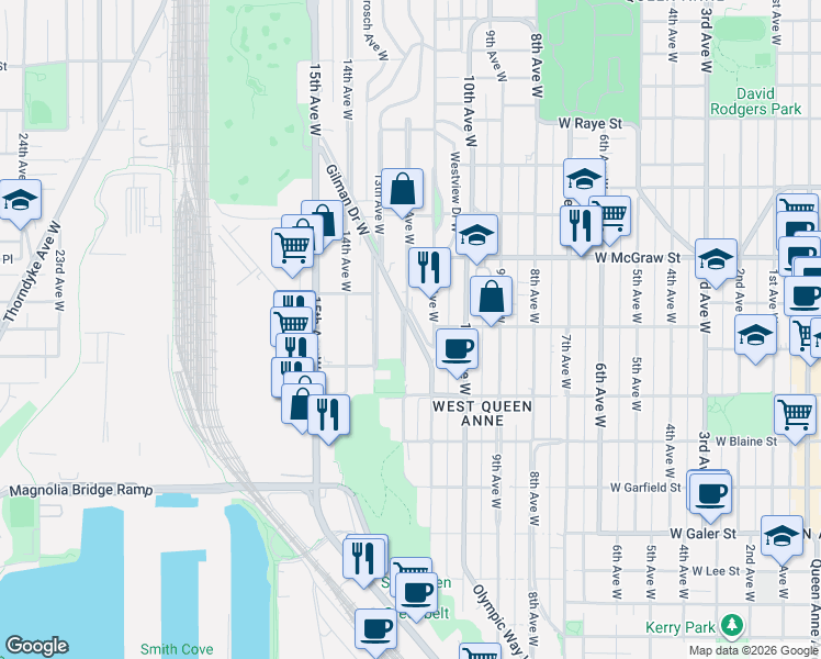 map of restaurants, bars, coffee shops, grocery stores, and more near 1933 12th Avenue West in Seattle