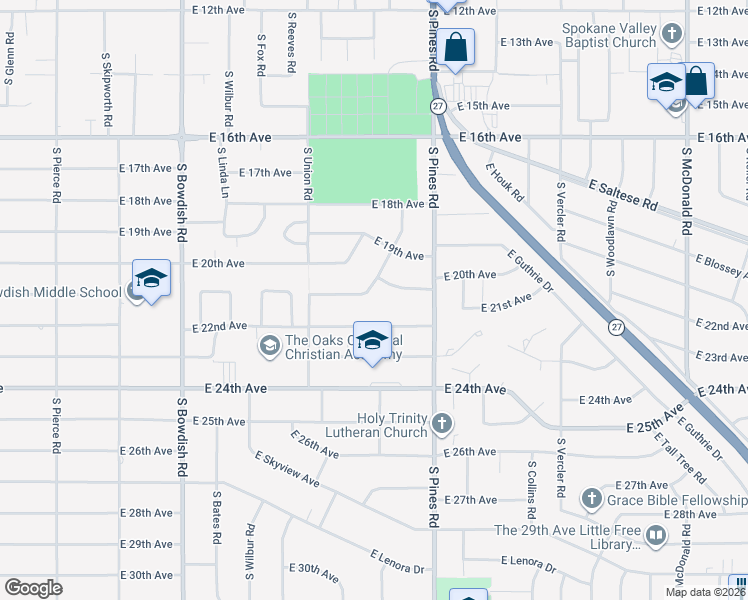 map of restaurants, bars, coffee shops, grocery stores, and more near 12017 East 22nd Avenue in Spokane Valley