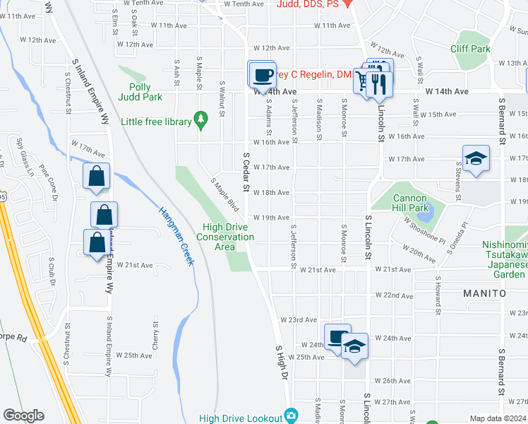 map of restaurants, bars, coffee shops, grocery stores, and more near 1304 West 19th Avenue in Spokane