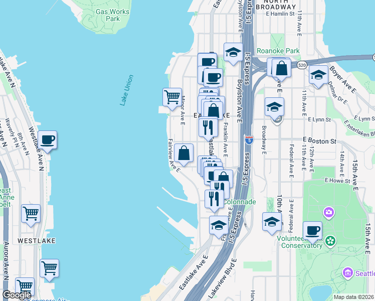 map of restaurants, bars, coffee shops, grocery stores, and more near 2034 Minor Avenue East in Seattle