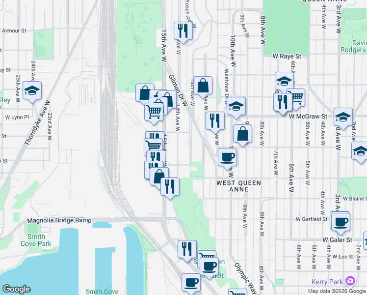 map of restaurants, bars, coffee shops, grocery stores, and more near 2034 14th Avenue West in Seattle