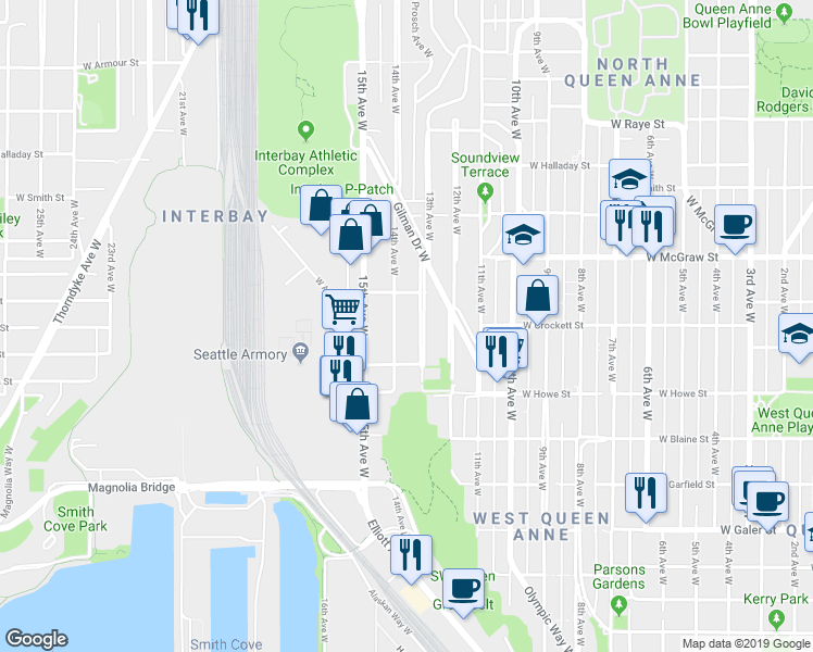 map of restaurants, bars, coffee shops, grocery stores, and more near 2034 14th Avenue West in Seattle