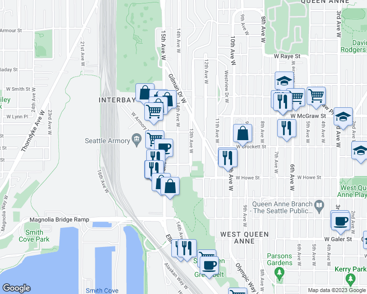 map of restaurants, bars, coffee shops, grocery stores, and more near 2060 14th Avenue West in Seattle