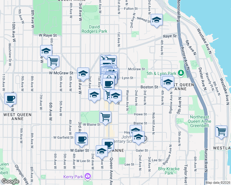 map of restaurants, bars, coffee shops, grocery stores, and more near 21 Boston Street in Seattle