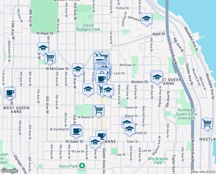 map of restaurants, bars, coffee shops, grocery stores, and more near 8 Boston Street in Seattle