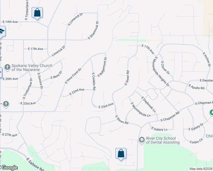 map of restaurants, bars, coffee shops, grocery stores, and more near 16802 East 20th Court in Spokane Valley