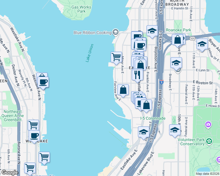 map of restaurants, bars, coffee shops, grocery stores, and more near 58 East Boston Street in Seattle